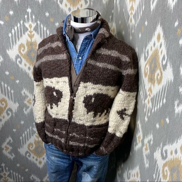 Polo Ralph Lauren Vtg Handknit Cowichan Inspired Buffalo Zip Cardigan Sweater - Picture 1 of 16